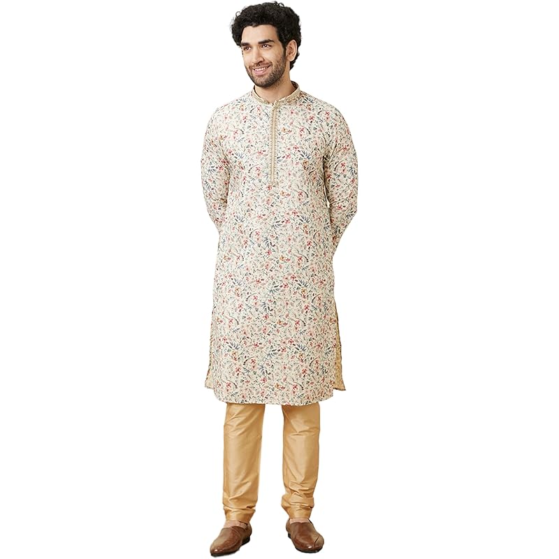 Manyavar Men's Cotton Printed Full Sleeves Knee Length Kurta Set (Beige, XL)