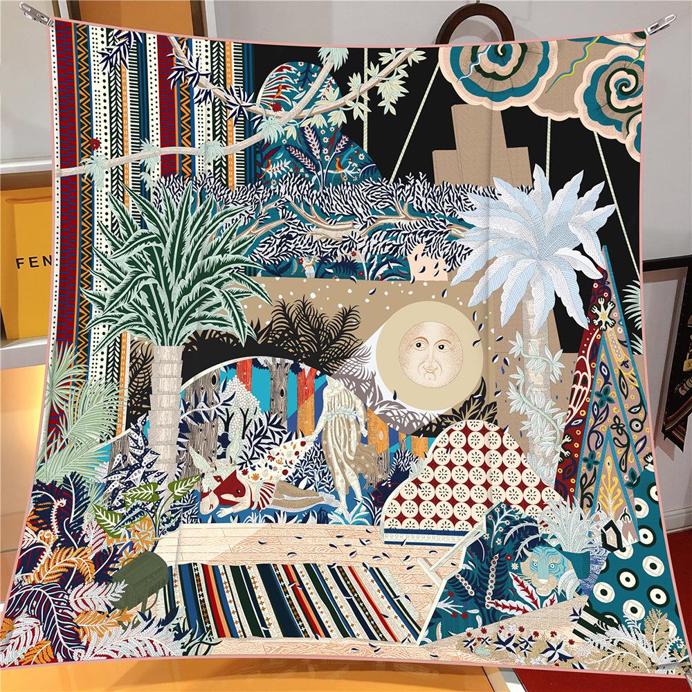 

New Silk Scarf Women Sun World Print Square Scarves Head Echarpes Silk Foulards Femme Wraps Beach Shawl Bandana Lady Hijabs 90CM 90X90CM