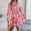 Damen Lässiges Stehkragen Blumen Taille Langarm Rüschen A-Linien Kleid