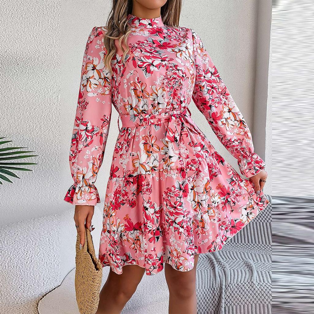 Women's Casual Stand-up Collar Flower Waist Long Sleeve Ruffled A-line Dress