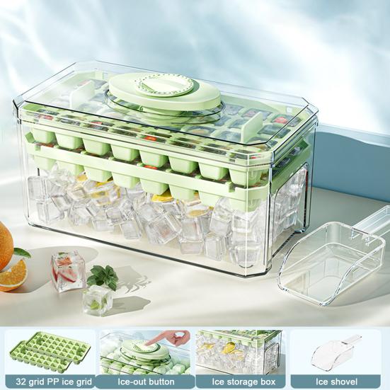 Ice Cube Mold Tray with Lid Bin Ice Scoop 32 Cavity Ice Cube Maker for Freezer Easy Release DIY Ice Cube Tray for Whiskey Cocktail Coffee