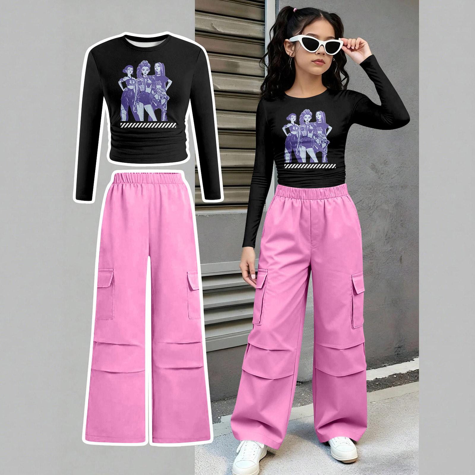

Children s Summer Waist Cinched Long Sleeve Top And Straight Leg Two-Piece Athletic Set Short Printed Clothing Set 100