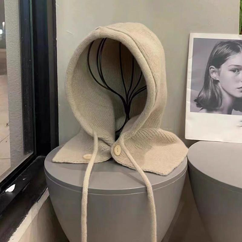 Schlichter Schal im koreanischen Stil mit integriertem Nackenschutz, warm, gestrickt, Wolle, Ohrenschutz, Schal, Mütze