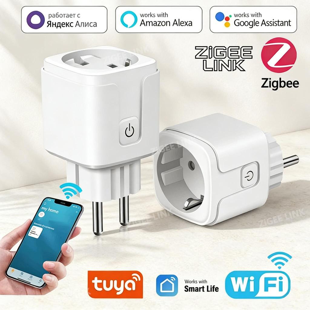 Tuya WiFi/ZigBee Slimme Stekker EU 16A/20A Zware Uitvoering Stopcontact met Vermogensmonitor, Timer Afstandsbediening Spraakbesturing voor Boiler Airconditioner Apparaten