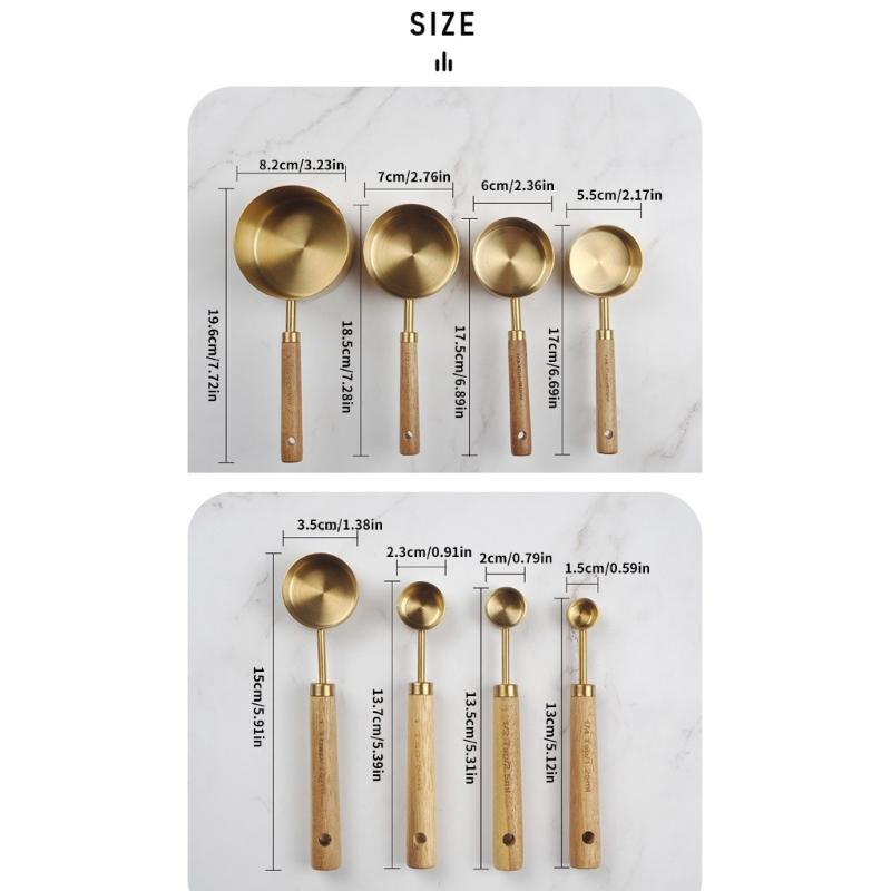Set of 8 Baking Tool Set Stainless Steel Measuring Cups Measuring Spoons Wood Handle Kitchenwares for Coffee Powder