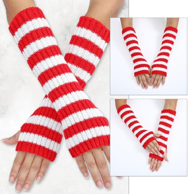 Teenagers Winter Half Finger Mitten Stripe Pattern Knit Keep Warm Lengthen Wrist