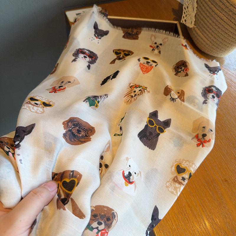 Stylish Dog Print Scarf with Fashion Glasses Design Lightweight Cotton Viscose, Breathable & Windproof for Spring/Autumn Travel