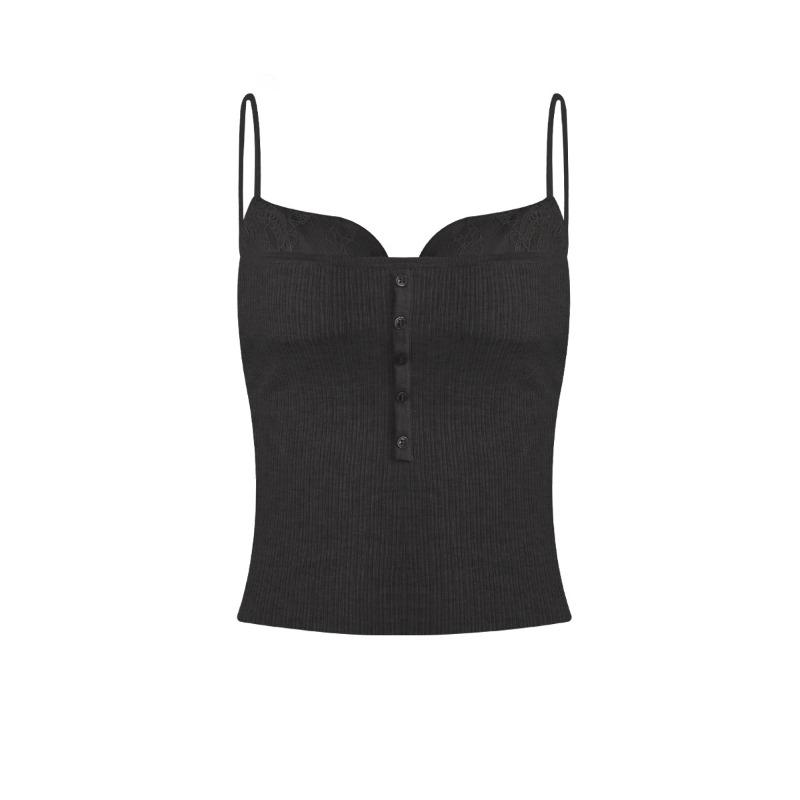 Lace Trim Wool Knit Camisole – Slim Fit Bralette Top, Soft Wool Blend, 4 Colors S чёрный