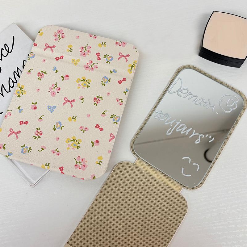 Desktop Makeup Mirror Floral Pu Leather Simple Portable Handheld Makeup Mirror Foldable Student Compact Cute Pocket Mirror