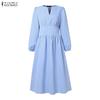 ZANZEA Kobiety Casualowy Dekolt V Rękaw 3/4 Jednolity Kolor Luźna Długa Sukienka