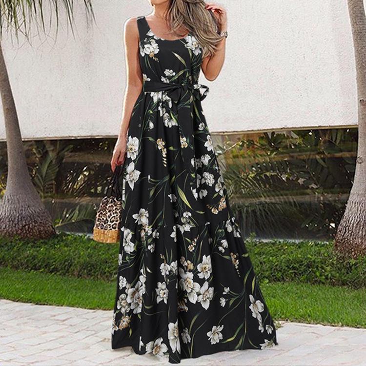 Summer Print Casual Long Dress with Belt, European & American Style
