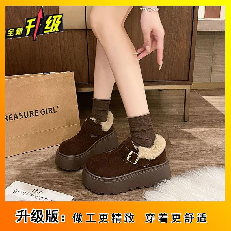 2025 winter velvet big head ugly cute muffin thick sole to increase height and keep warm, one pedal Birkenstock cotton shoes women's snow boots