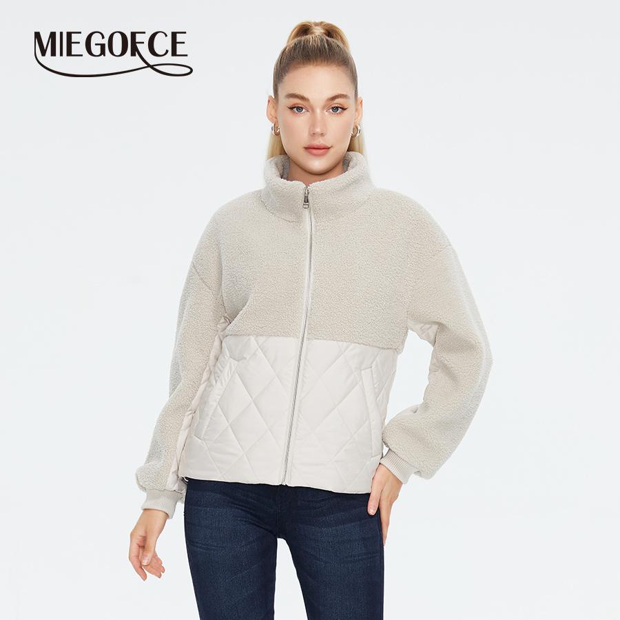 

MIEGOFCE Весна/Осень Мода Флисовая Строчка Короткая Куртка Женская Стойка Воротник Застежка-молния Пальто Свободная Повседневная Парка