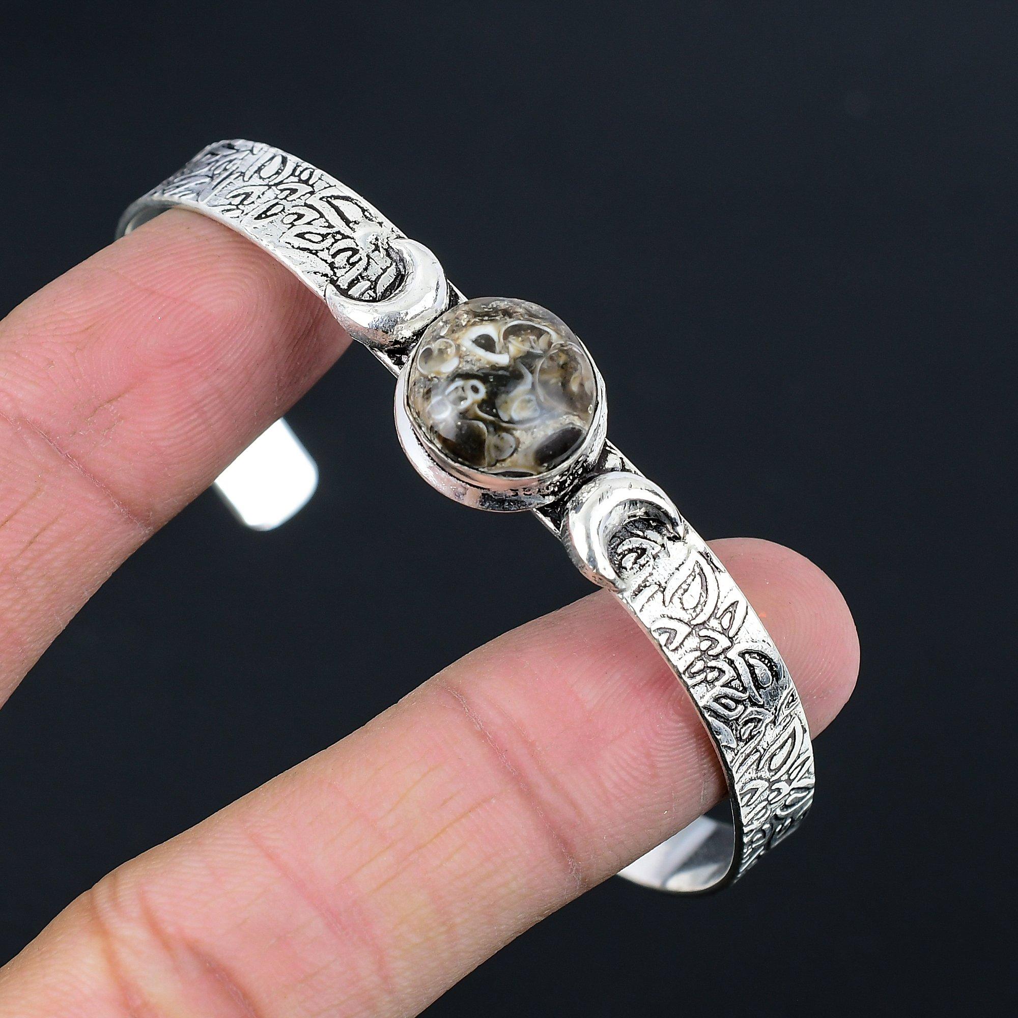 

Natural Turritella Agate 925 Silver Bangle Crescent Moon Adjustable For Girls Adjustable