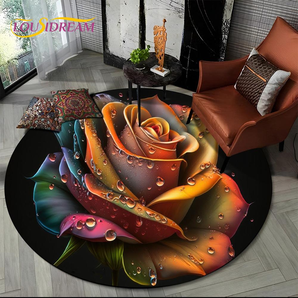 3D Dream Flower Rose Daisy Nordic Round Carpet Rug for Living Room Bedroom Child Playroom Chair Decor,Pet Area Rug Non-slip Mat