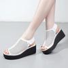 Women's Summer Leather Big Size Peep Toe Sandals Thick Sole Non Slip Hollow Out Velcro High Heel Sandals Light Wedges Sandals