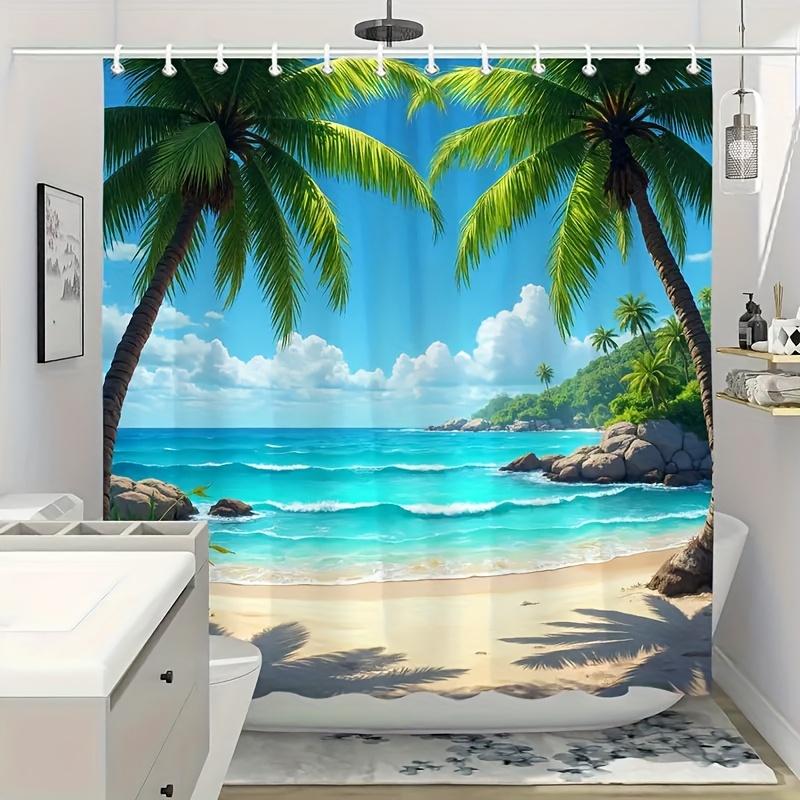 1pc Tropical Beach Scene Shower Curtain - Vibrant Palm Trees, Ocean Waves, and Sunlit Sand, Ideal for Bathroom Decor