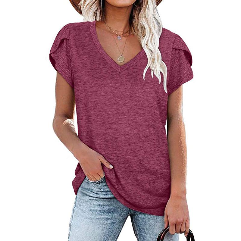 Sommer Casual V-Ausschnitt Lose Kurzarm Top Einfarbig T-Shirts Damen
