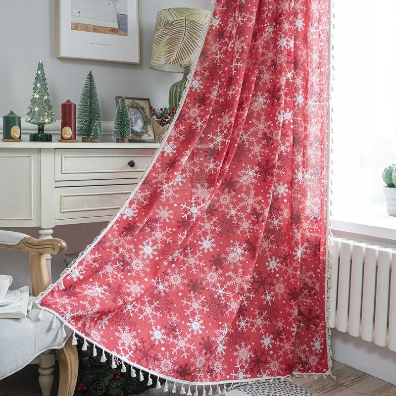 

Red Snowflakes Christmas Semi-blackout Kitchen Curtain Partition Valance Bay Window Translucent Living Room Bedroom Curtain W150 x H45cm&Threading Rod
