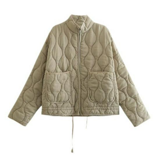 Autumn/Winter European & American Stand Collar Zipper Jacket with Large Pockets & Tie, Women's Long Sleeve Washed Cotton Coat