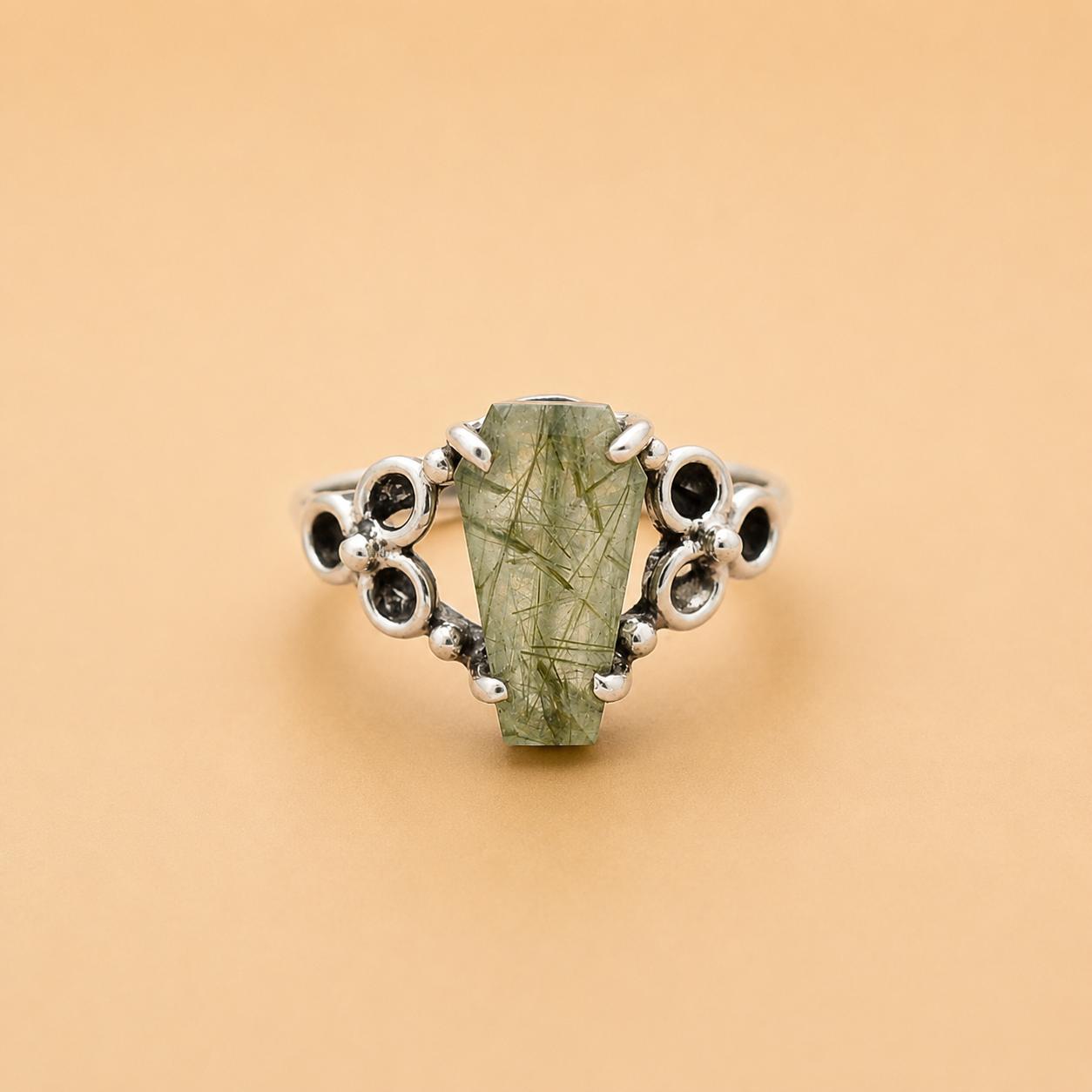 

Green Rutilated Quartz Coffin Ring in 925 Sterling Silver, Gothic Crystal Statement Ring, Handmade Boho Gemstone Jewelry 4 серебряный