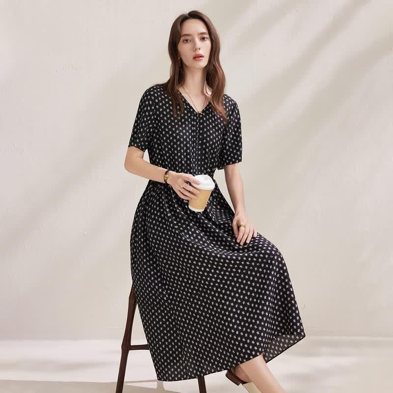 Zhaojun Mulberry Silk French Print Short Sleeve Dress