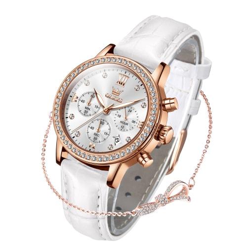 

OLEVS Women s Cute Leather Strap Watch with Chronograph Quartz Movement, Rose Gold Crystal Bracelet Set, Lightweight, Thin, Waterproof, Date Display,