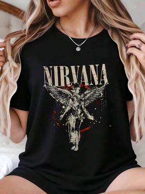 [0933] Women's Short-Sleeved Round Neck Angel T-Shirt, Fashionable Printed Top with Short Sleeves, Elastic T-Shirtg