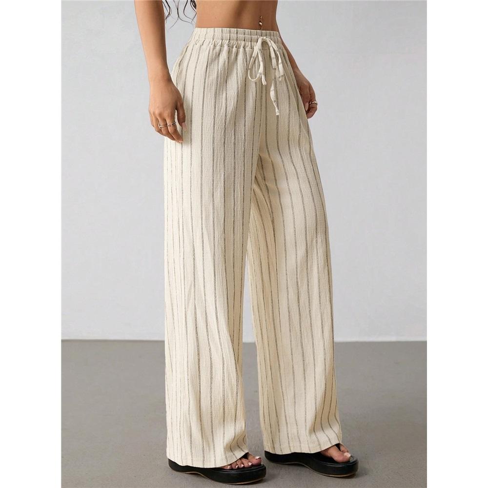 Fashionable Casual Women s Loose Striped Drawstring Elastic Waist Comfortable Wide Leg Pants L абрикосовый