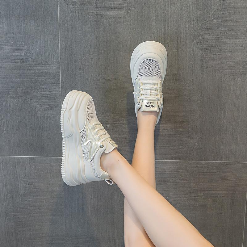 Inner Height Increase Casual Board Shoes Women's Summer New Leather Breathable Mesh White Shoes 7 Thick-soled Single Shoes