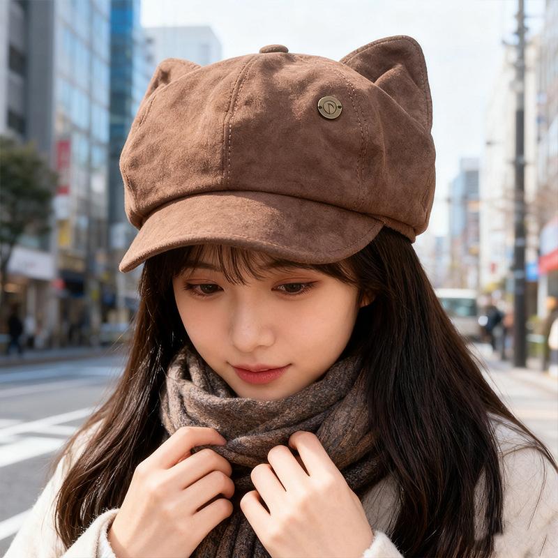 

Корейская ретро замшевая шапка с кошачьими ушками для женщин, милый и симпатичный берет, осенне-зимняя шапка-восьмиклинка, подчеркивающая лицо M（56-58cm）