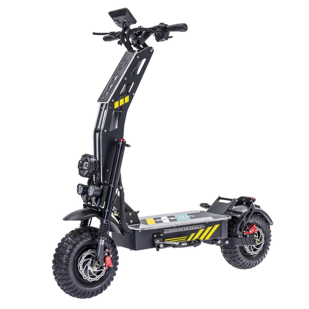 Patinete eléctrico T116 plus con motor de 8000 W, batería de 60 V y 40 Ah, velocidad máxima de 88 km/h, autonomía de 90 km, neumáticos de 14 pulgadas y diseño plegable.