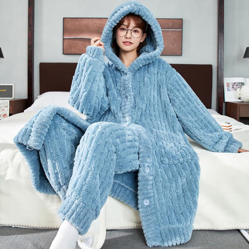 Women's Thickened Flannel Pajama Set - Coral Fleece Long Robe for Autumn/Winter