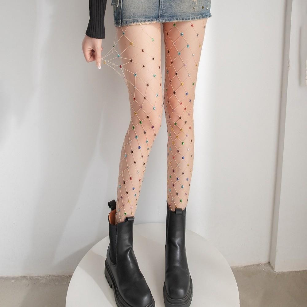 Y2K Rhinestone Star Pantyhose Large Mesh See-through Tights Colorful Fishnet Stockings Club Party
