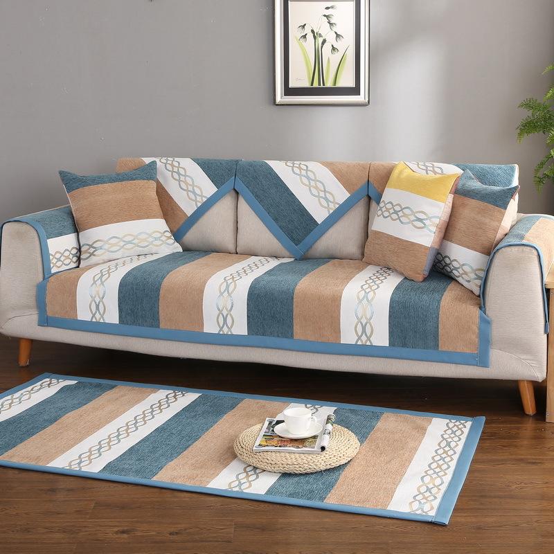Four Seasons Universal Chenille Striped Sofa Cushion Simple Cloth Modern Non-Slip American Cushion Cover Backrest Towel