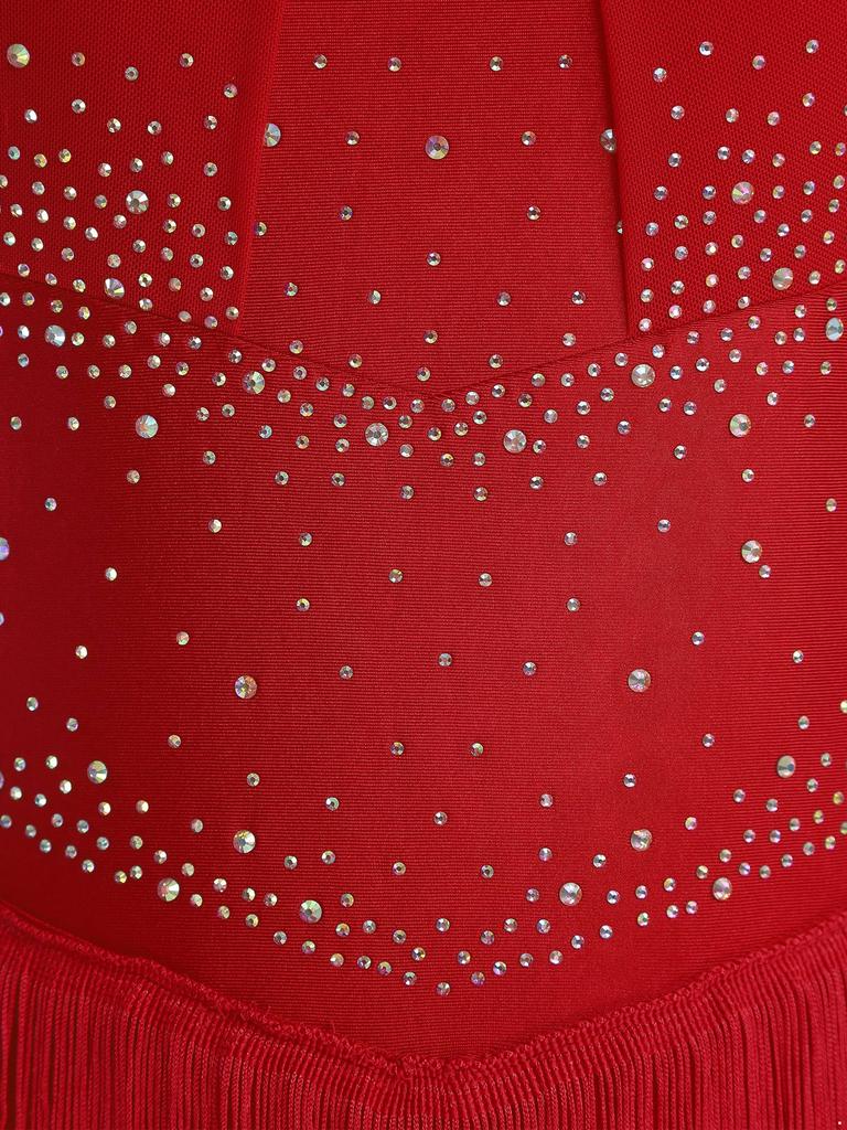 Damen Latein-Tanzparty Jumpsuit S-XXL: Halter Off-Shoulder rückenfreie Strampler mit Strasssteinen, mehrstufigen Quasten für Samba, Rumba, Gesellschaftstanz