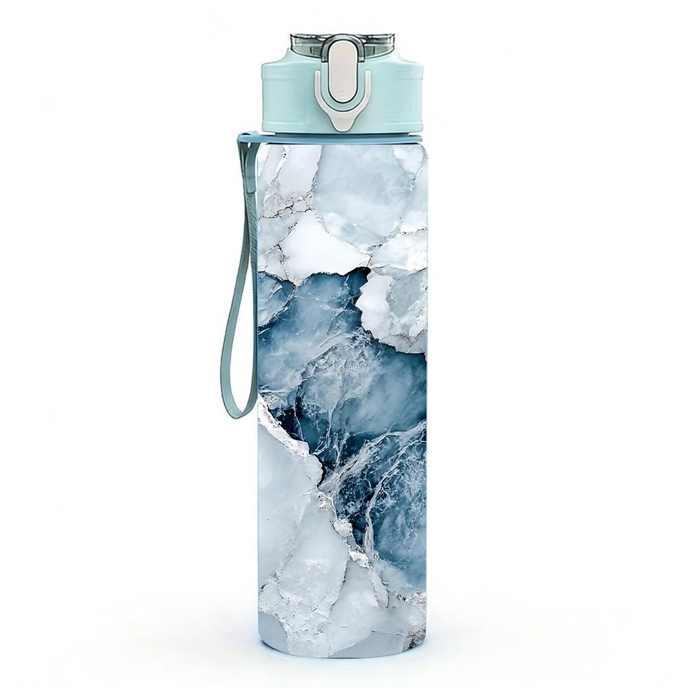 1PC Light Grey Blue Cracked Marble Texture Print 750ml Color Plastic Sports Water Bottle Leakproof Flip Straw Lid Suitable for Sports Office Home Use