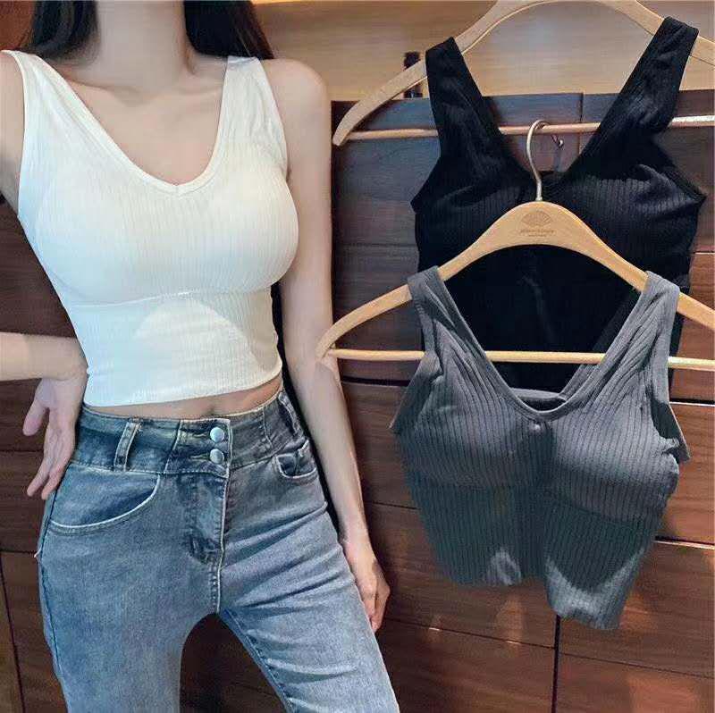 Bustier 881 V-Neck Wind Vest: Wire-Free Sports Bra with Chest Pads - Women's Beautiful Back Camisole