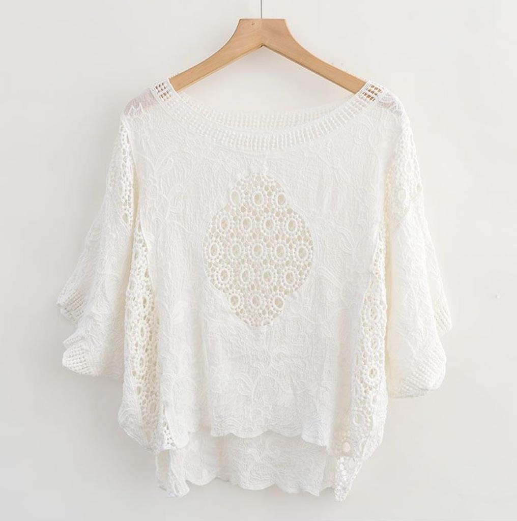 Haveli Lace Short Floral Loose Korean Solid Round Dolman and Stylish One Women's Blouse, Sleeve, Sheer, Print, Fit, Feminine, Stylish, Casual, Style,
