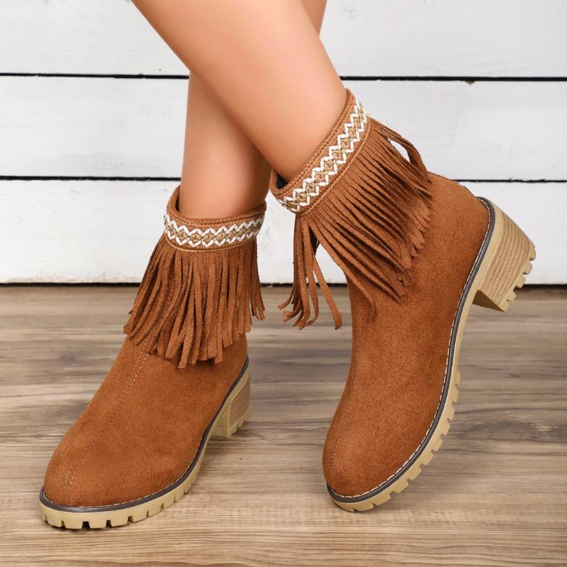 2024 Women's Medium Low Heel Bohemian Motorcycle Boots Tassel Cowboy Boots Spring and Autumn Tassel Women's Boots High Heels