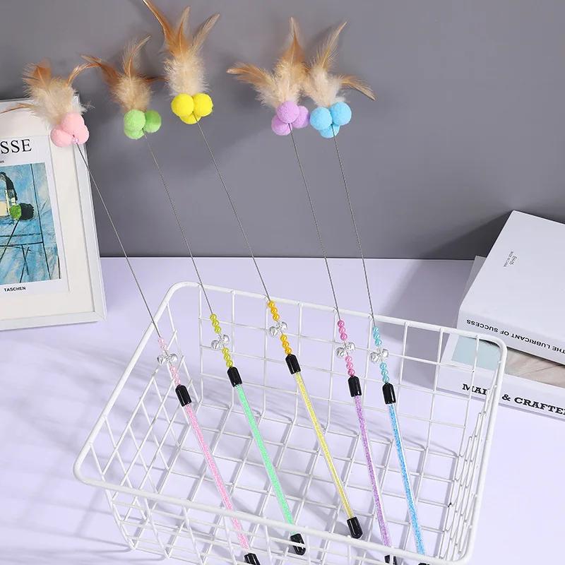 Cat Toy Cats Feather Toy Steel Wire Cat Toys with Bell Stick Scratch Bite Feather Toys for Cats Teaser Stick Ball Pet Products