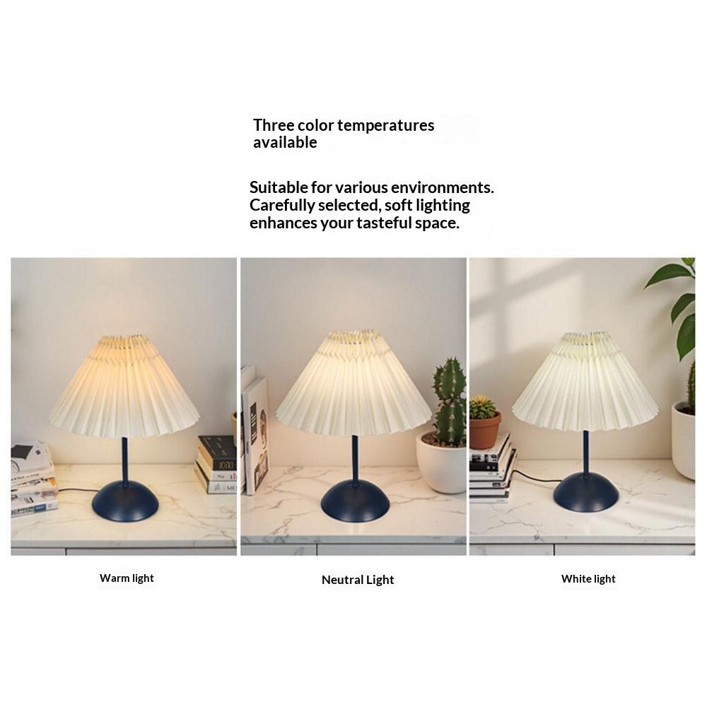 Pleated Table Lamp with 3 Color Modes + Stepless Dimming Metal Base Bedside Light USB Powered Night Light for Bedroom