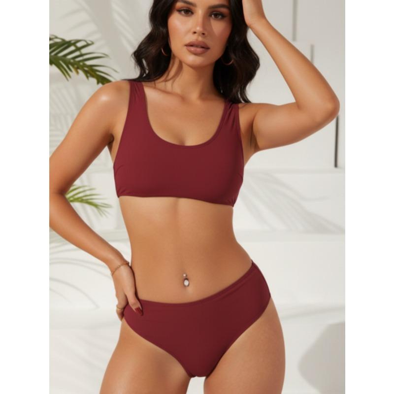 Women S Solid Color Split Swimsuit Beach Bikini Set