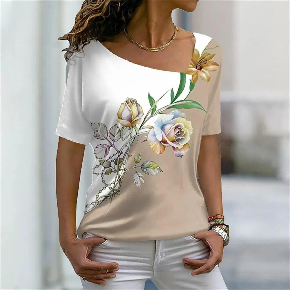 Summer Women's T-shirts 3d Flower Print V Neck Short Sleeve Tops Casual Ladies T Shirt Fashion Harajuku Tees Women Clothing Y2k