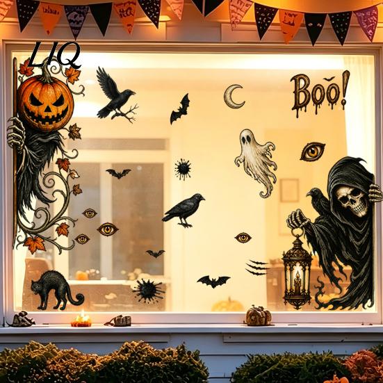 Nightmare Theme Room Decor 6Pcs Halloween Window Stickers, Ghost Pumpkin Grim Reaper Wall Decals, Large Decorative Scene Murals Self-Adhesive