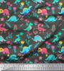 Soimoi Black Japan Crepe Satin Fabric Aster Flower & Dinosaur Kids Print Fabric by Metre 42 Inch