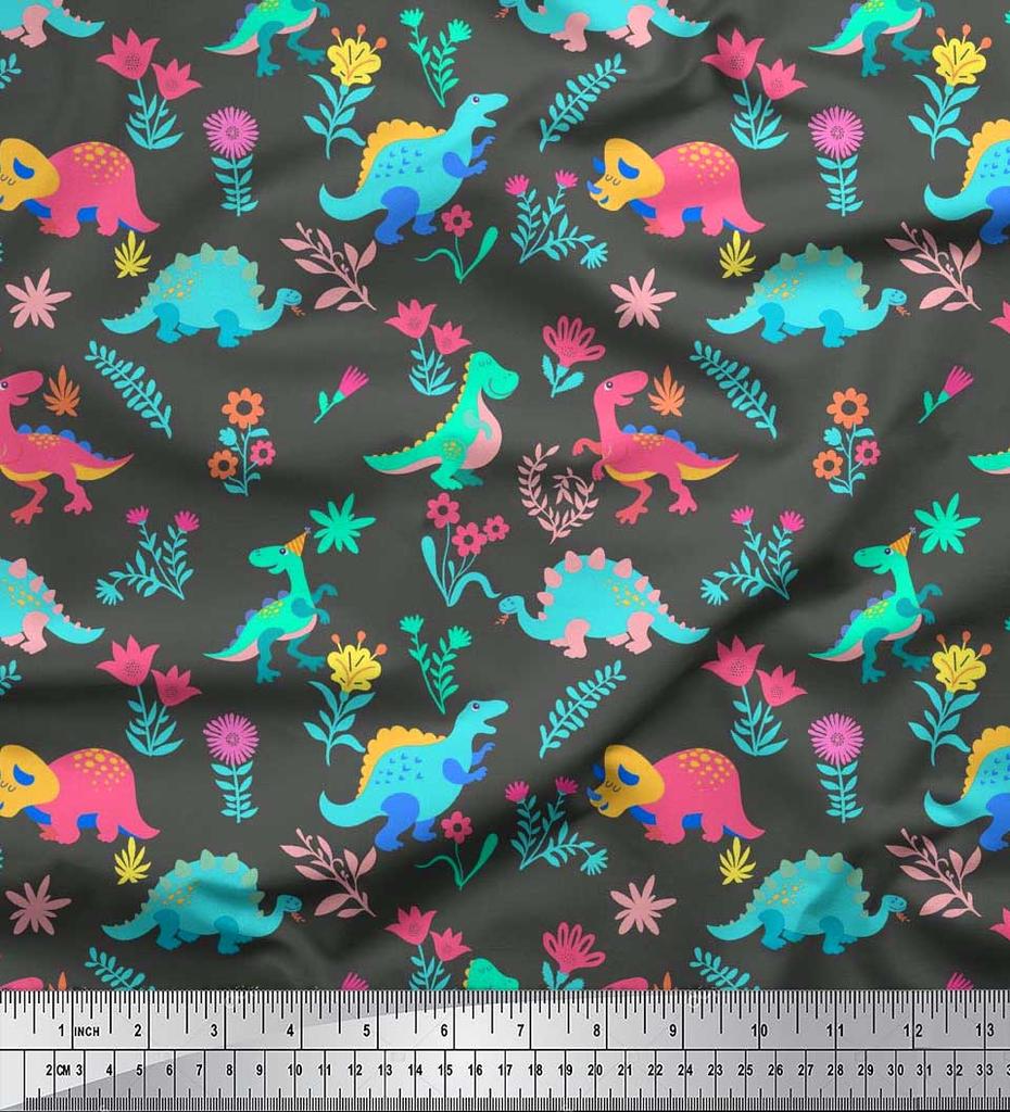 Soimoi Black Japan Crepe Satin Fabric Aster Flower & Dinosaur Kids Print Fabric by Metre 42 Inch