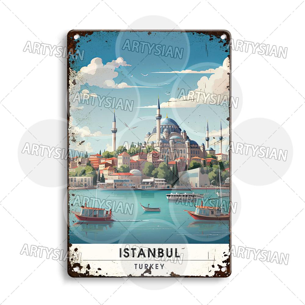 Netherlands Turkey Travel Cityscape Metal Sign Istanbul Bodrum Cappadocia Amsterdam Antalya Bodrum Giethoorn Metal Plaque