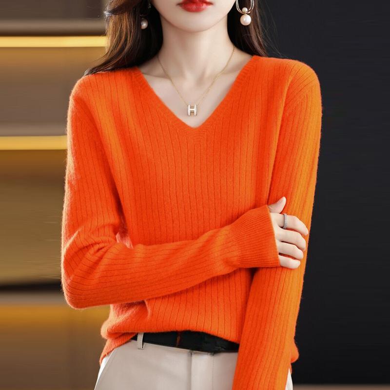 Slim Fit Dámské Pulovry Svetry Spodní topy Podzim a Zima Nový Pletený svetr s výstřihem do V Dlouhý rukáv Jednobarevné Pleteniny Oblečení 28502