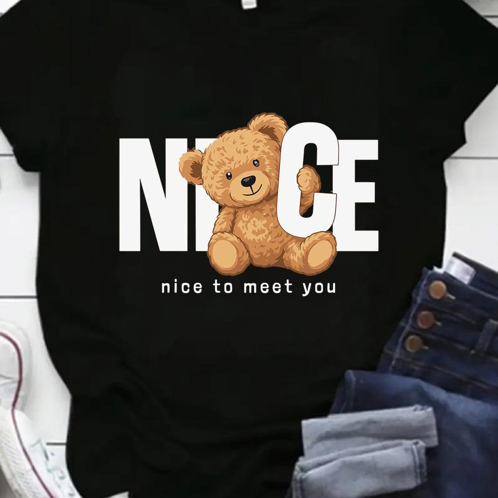 Nice Teddy Bear Print Women T Shirt Casual Short Sleeve O-Neck Cartoon Graphic Tees